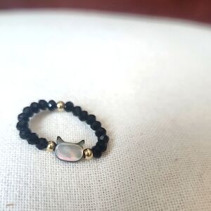 Black Beaded Ring with Cat Charm